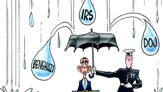 美媒讽刺第二任期的奥巴马深陷丑闻的漫画